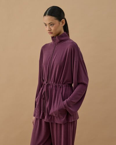 İnce Modal Soft Touch Tünelli Fermuarlı Hırka Mürdüm 