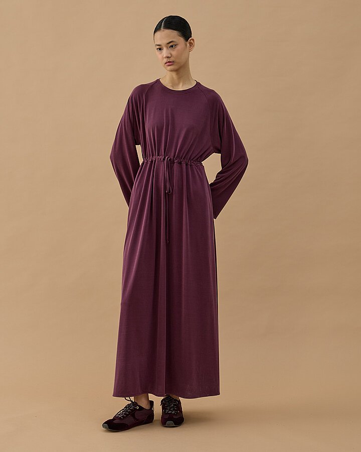 İnce Modal Soft Touch Beli Büzgülü Elbise Mürdüm - Aybikestil (1)