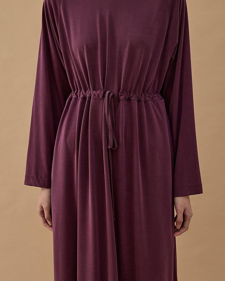 İnce Modal Soft Touch Beli Büzgülü Elbise Mürdüm - Aybikestil (1)