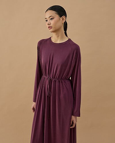 İnce Modal Soft Touch Beli Büzgülü Elbise Mürdüm - Aybikestil (1)