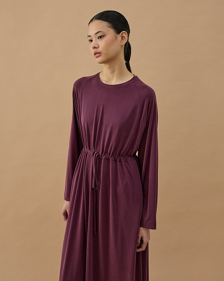 İnce Modal Soft Touch Beli Büzgülü Elbise Mürdüm - Aybikestil (1)