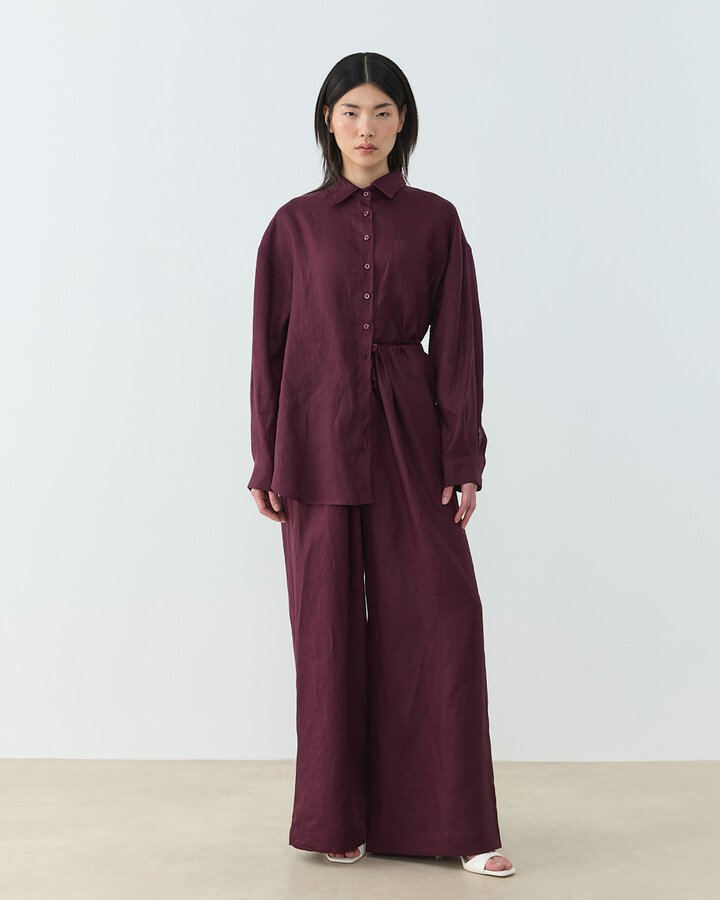 Keten Beli İpli Bol Wide Leg Pantolon Bordo - Aybikestil (1)