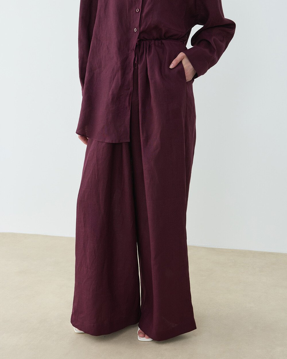 Keten Beli İpli Bol Wide Leg Pantolon Bordo - Aybikestil