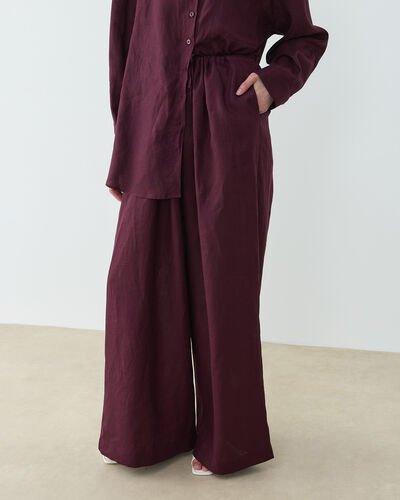 Keten Beli İpli Bol Wide Leg Pantolon Bordo 