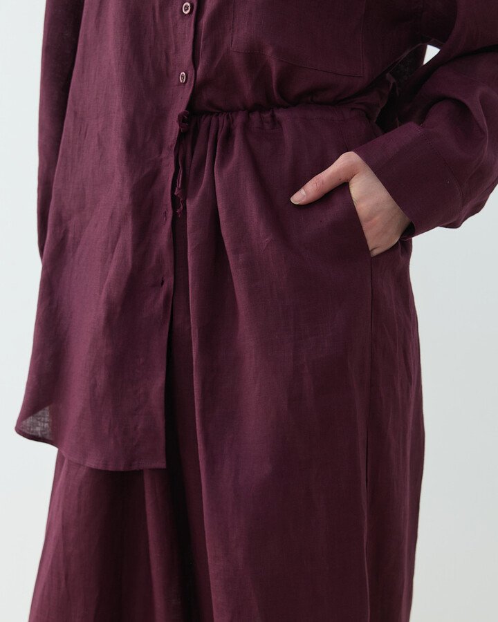 Keten Beli İpli Bol Wide Leg Pantolon Bordo - Aybikestil (1)