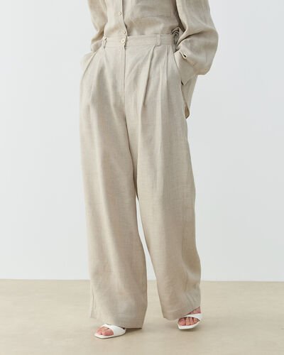 Keten Çift Pileli Barrel Fit Pantolon Natural 