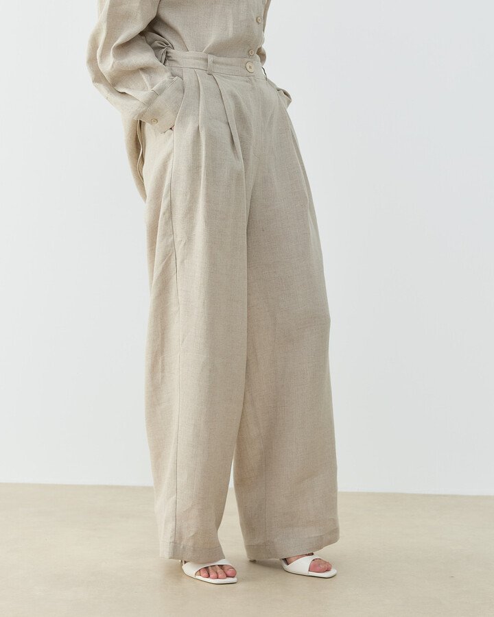 Keten Çift Pileli Barrel Fit Pantolon Natural - Aybikestil (1)