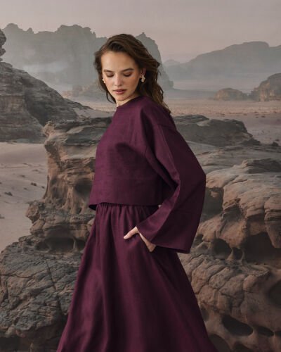 Keten Crop Bluz Bordo 