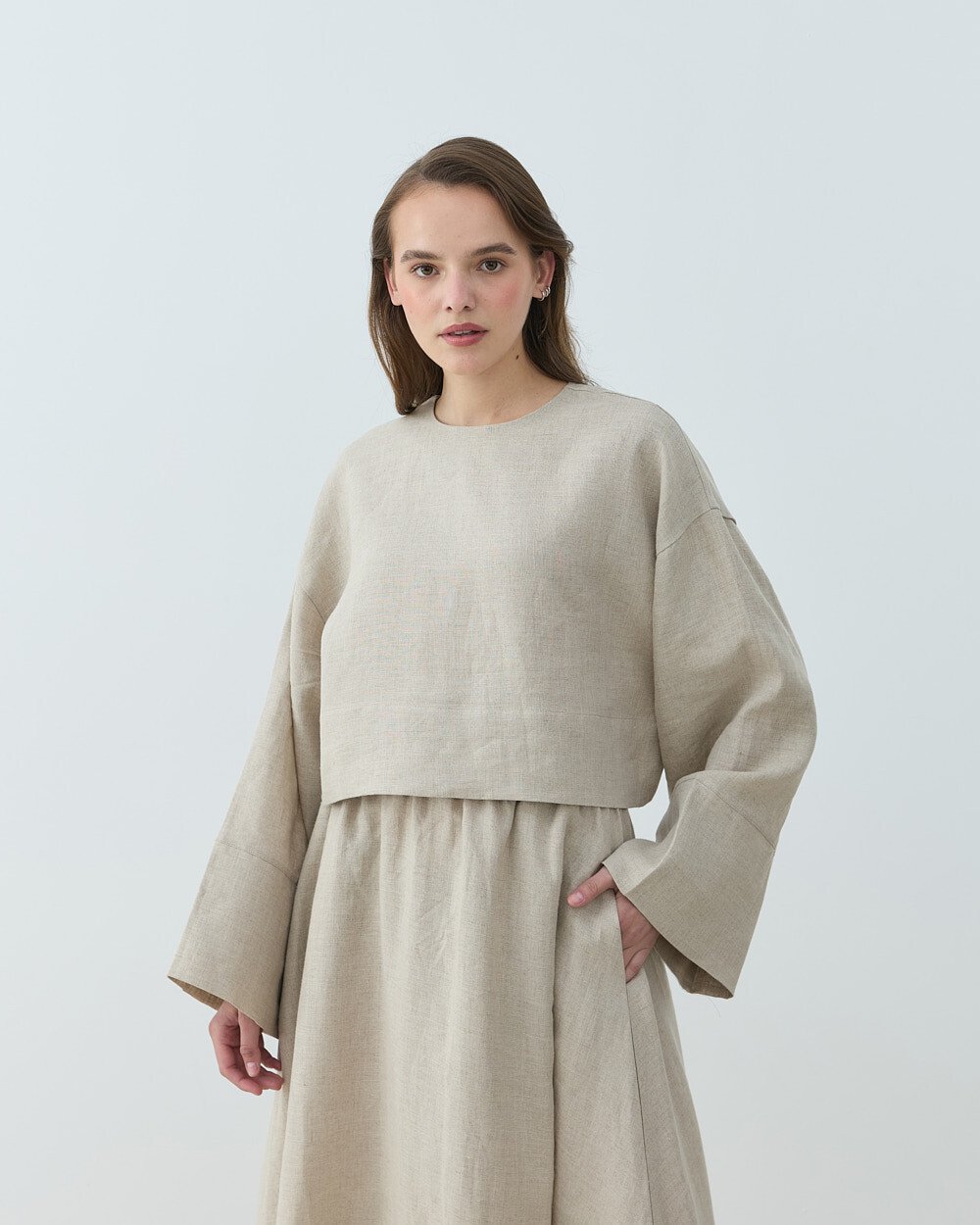 Keten Crop Bluz Natural - Aybikestil