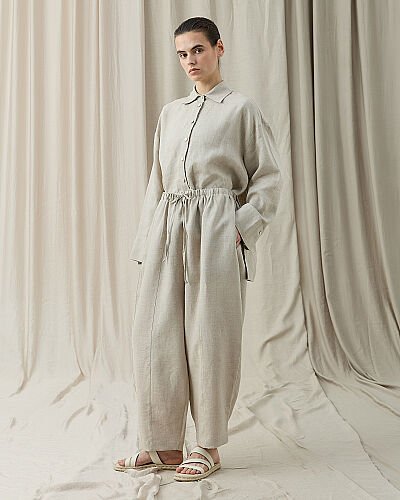 Keten Loose Fit Dikişli Pantolon Natural - Aybikestil (1)