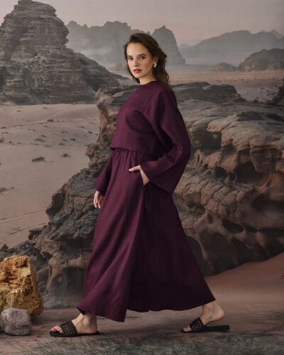 Keten Nervür Detaylı Cepli Font Etek Bordo 