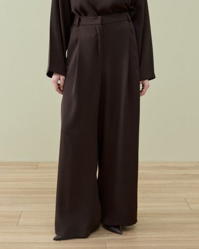 Krep Çift Pileli Palazzo Pantolon Acı Kahve 