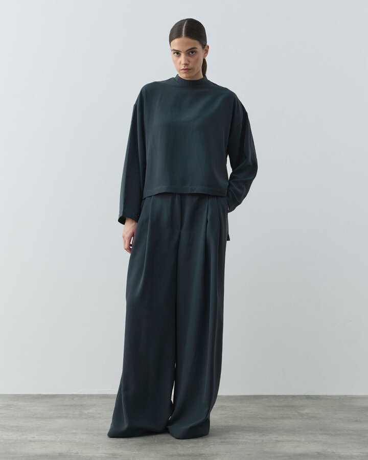 Krep Çift Pileli Palazzo Pantolon Haki - Aybikestil (1)