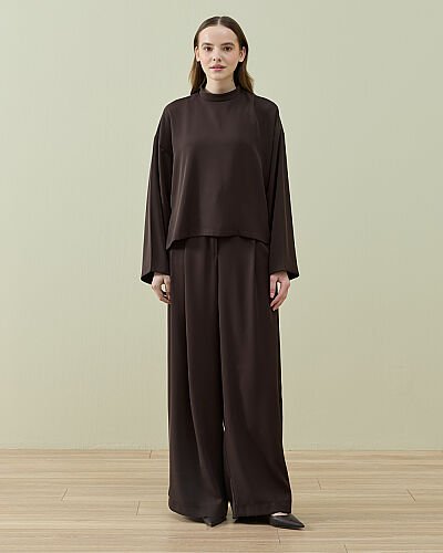 Krep Çift Pileli Palazzo Pantolon Kahve - Aybikestil (1)