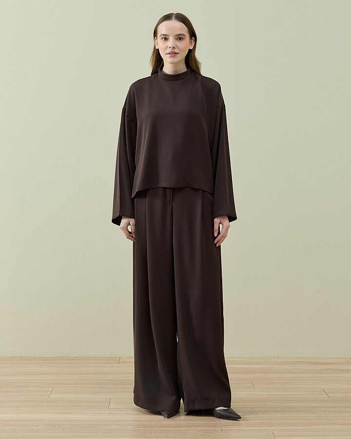 Krep Çift Pileli Palazzo Pantolon Kahve - Aybikestil (1)