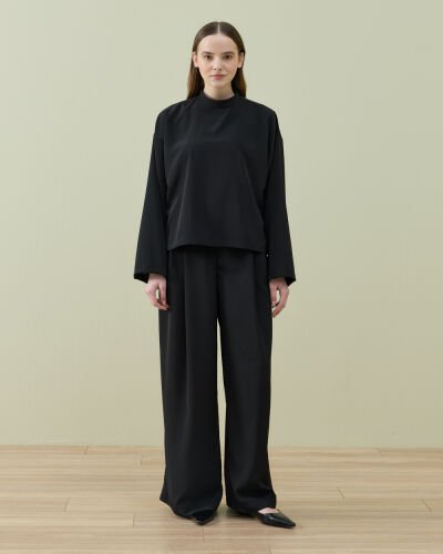 Krep Çift Pileli Palazzo Pantolon Siyah - Aybikestil (1)