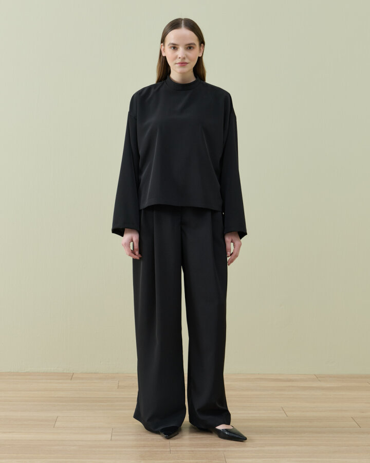 Krep Çift Pileli Palazzo Pantolon Siyah - Aybikestil (1)