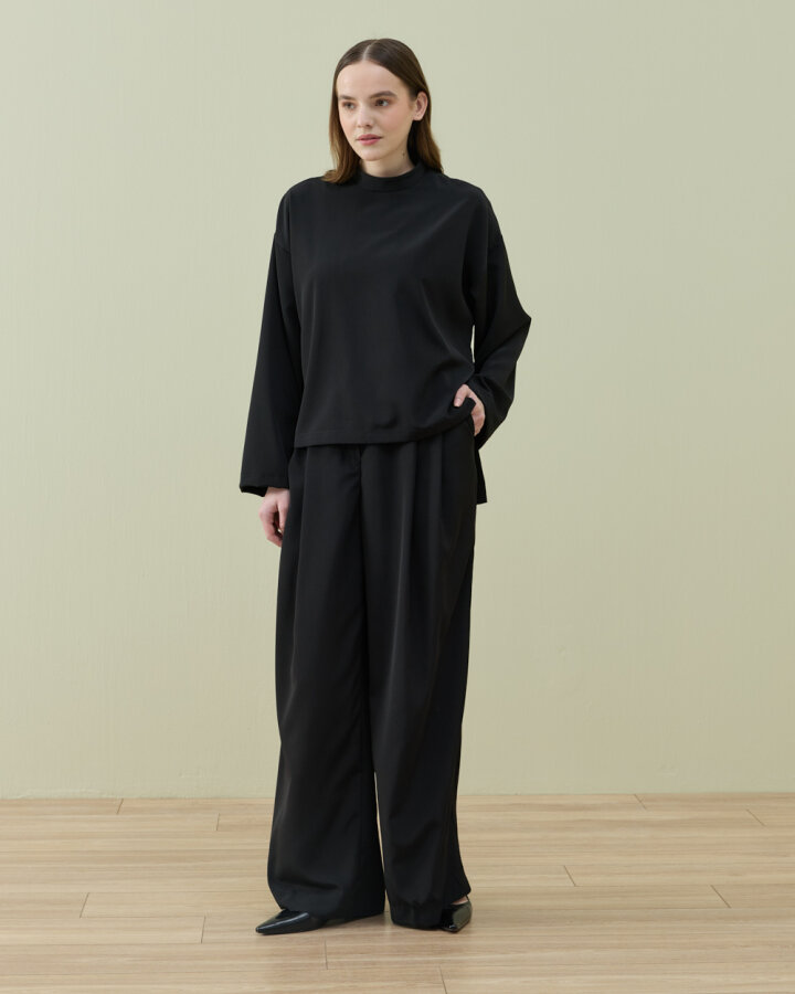 Krep Çift Pileli Palazzo Pantolon Siyah - Aybikestil (1)