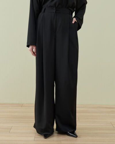 Krep Çift Pileli Palazzo Pantolon Siyah 