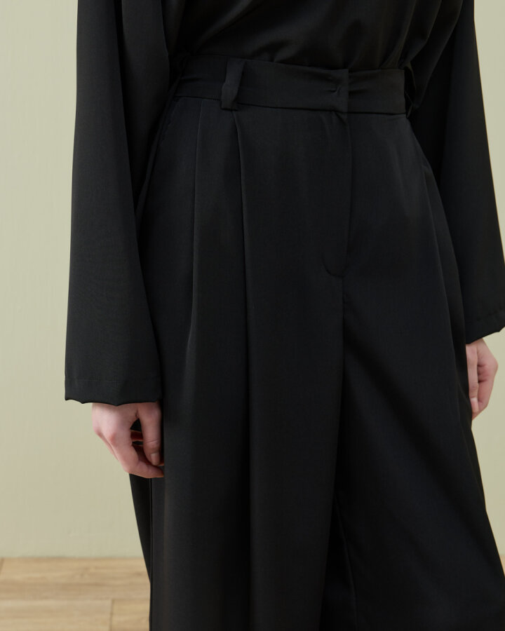 Krep Çift Pileli Palazzo Pantolon Siyah - Aybikestil (1)