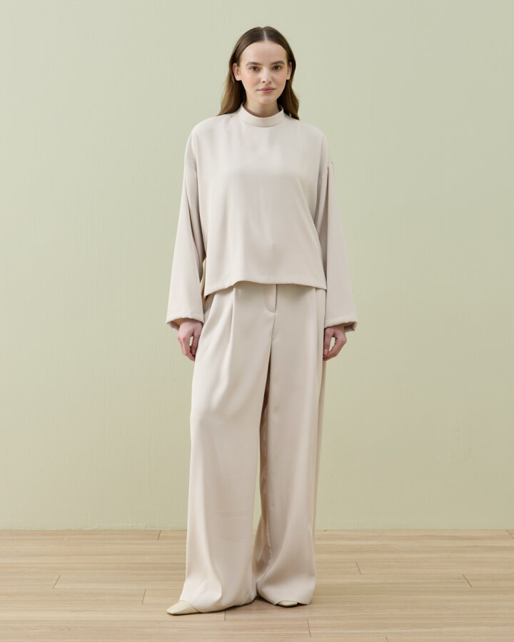 Krep Çift Pileli Palazzo Pantolon Taş - Aybikestil (1)
