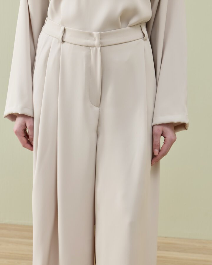 Krep Çift Pileli Palazzo Pantolon Taş - Aybikestil (1)