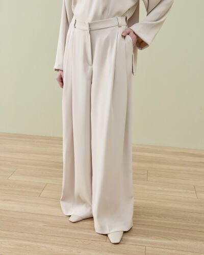 Krep Çift Pileli Palazzo Pantolon Taş 