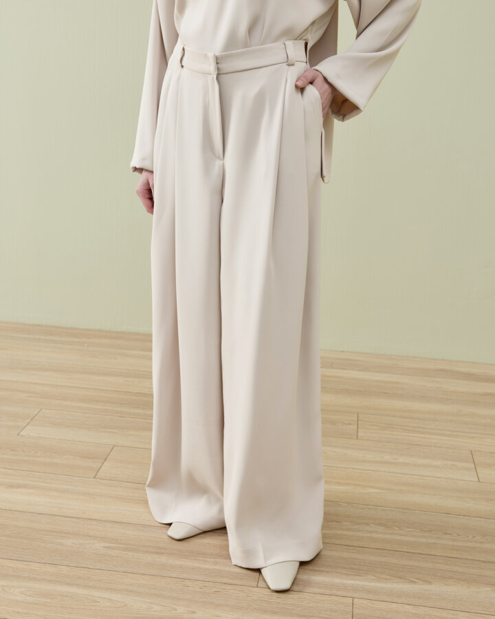 Krep Çift Pileli Palazzo Pantolon Taş - Aybikestil