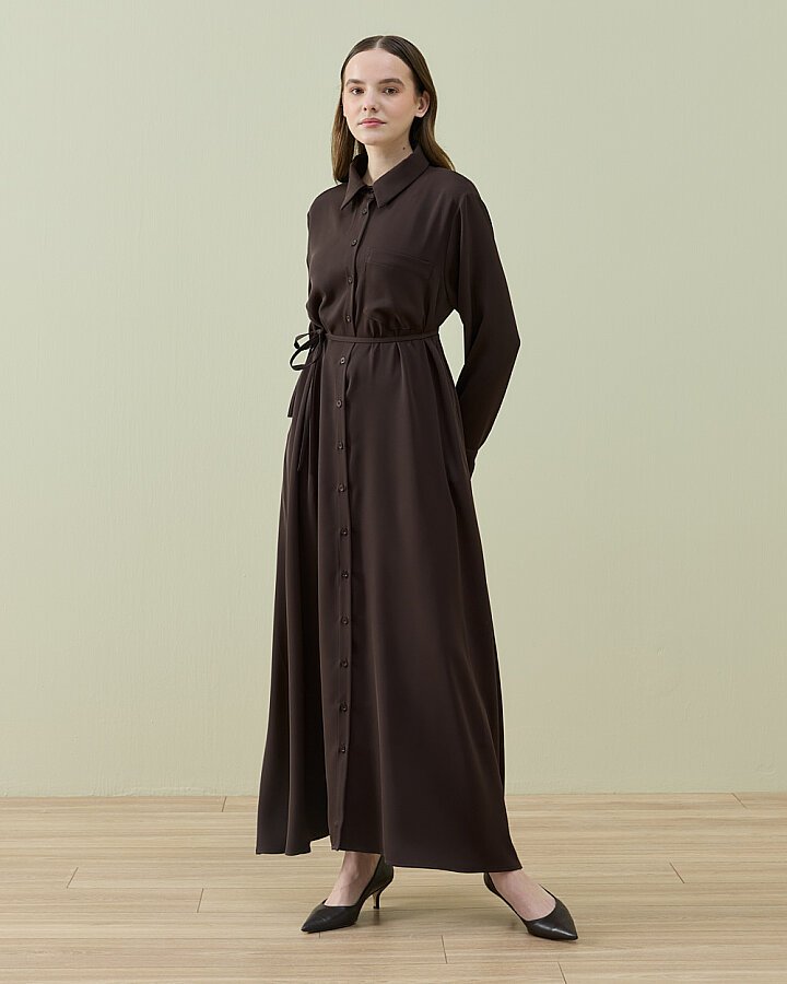 Krep Gömlek Elbise Kahve