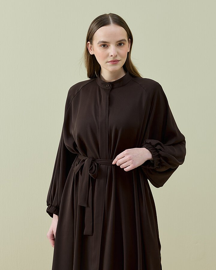 Krep Yandan Yırtmaçlı Düğmeli Abaya Kahve - Aybikestil (1)