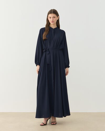 Krep Yandan Yırtmaçlı Düğmeli Abaya Lacivert 