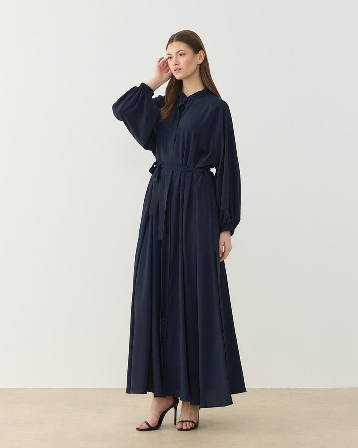 Krep Yandan Yırtmaçlı Düğmeli Abaya Lacivert - Aybikestil (1)