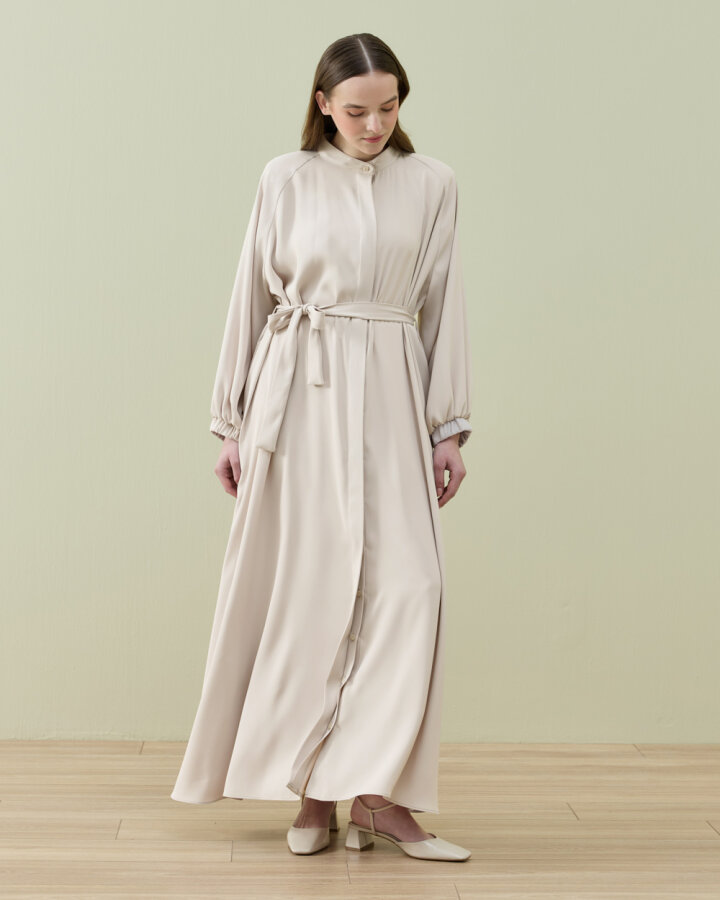 Krep Yandan Yırtmaçlı Düğmeli Abaya Taş - Aybikestil