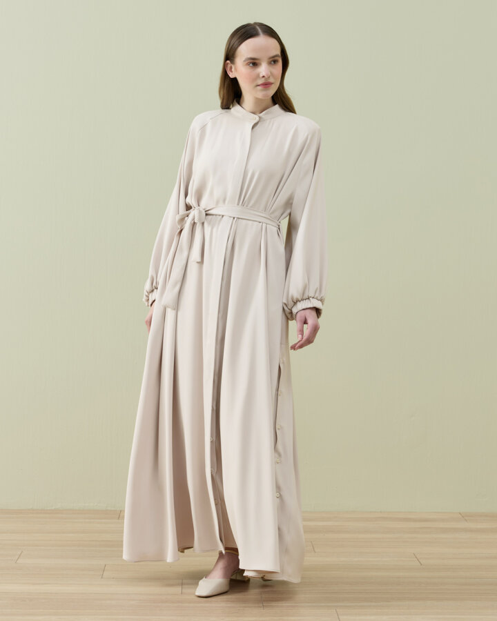 Krep Yandan Yırtmaçlı Düğmeli Abaya Taş - Aybikestil (1)