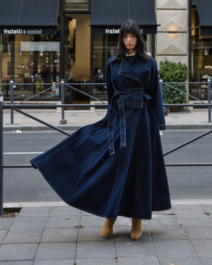 Kuplu Uzun Volanlı Jean Etek Lacivert