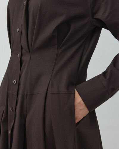 Paper Gabardin Belden Kup Ve Pile Detaylı Elbise Acı Kahve - Aybikestil (1)