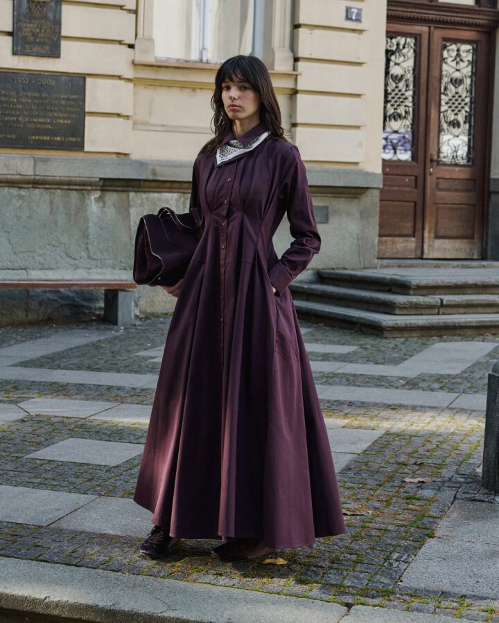 Paper Gabardin Belden Kup Ve Pile Detaylı Elbise Mürdüm - Aybikestil (1)