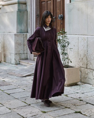 Paper Gabardin Belden Kup Ve Pile Detaylı Elbise Mürdüm 