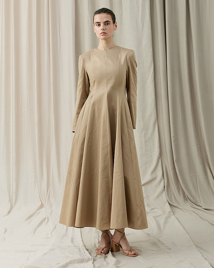 Paper Gabardin Kuplu Parçalı Oturan Fit Elbise Camel - Aybikestil (1)