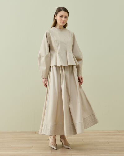 Paper Gabardin Kuplu Volanlı Peplum Kısa Bluz Bej - Aybikestil (1)