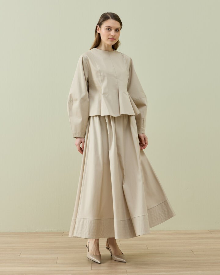 Paper Gabardin Kuplu Volanlı Peplum Kısa Bluz Bej - Aybikestil (1)