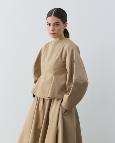 Paper Gabardin Kuplu Volanlı Peplum Kısa Bluz Camel - Aybikestil (1)