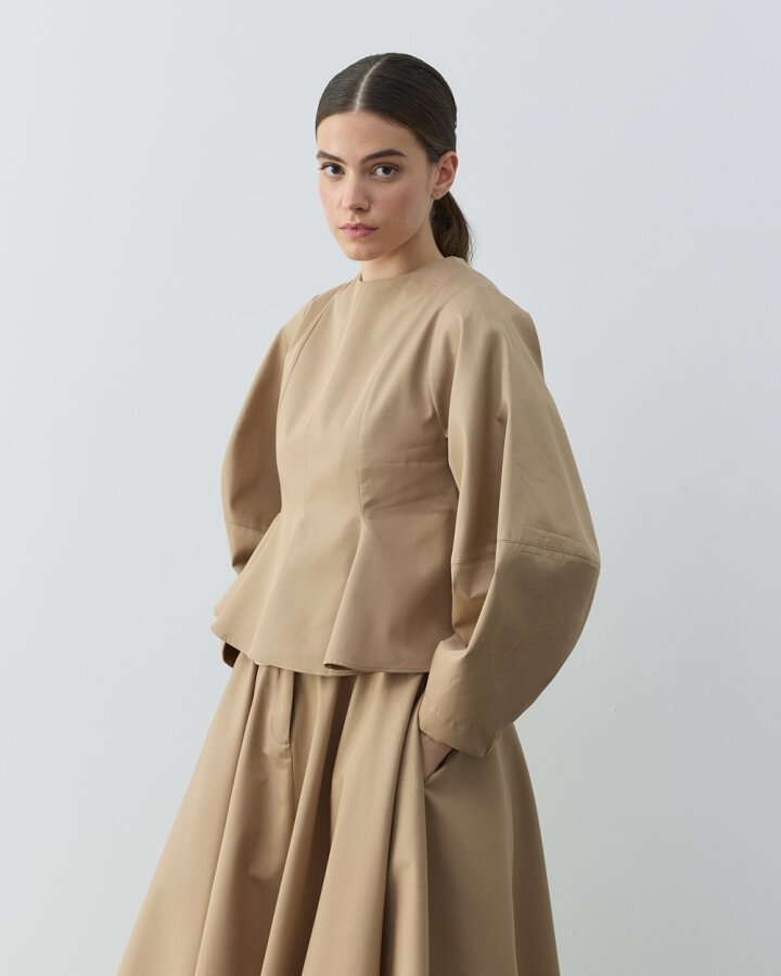 Paper Gabardin Kuplu Volanlı Peplum Kısa Bluz Camel - Aybikestil (1)