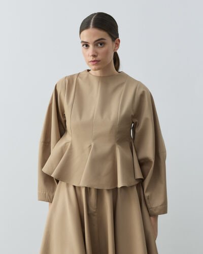 Paper Gabardin Kuplu Volanlı Peplum Kısa Bluz Camel 