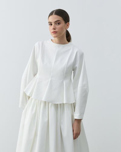 Paper Gabardin Kuplu Volanlı Peplum Kısa Bluz Ekru 