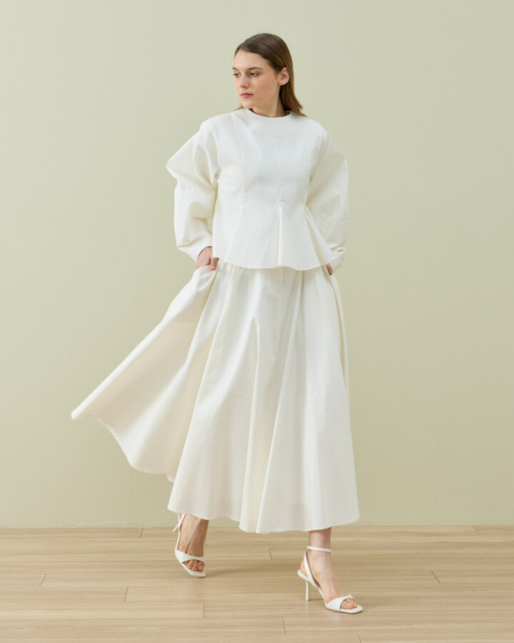 Paper Gabardin Kuplu Volanlı Peplum Kısa Bluz Ekru - Aybikestil (1)