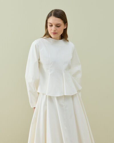 Paper Gabardin Kuplu Volanlı Peplum Kısa Bluz Ekru 