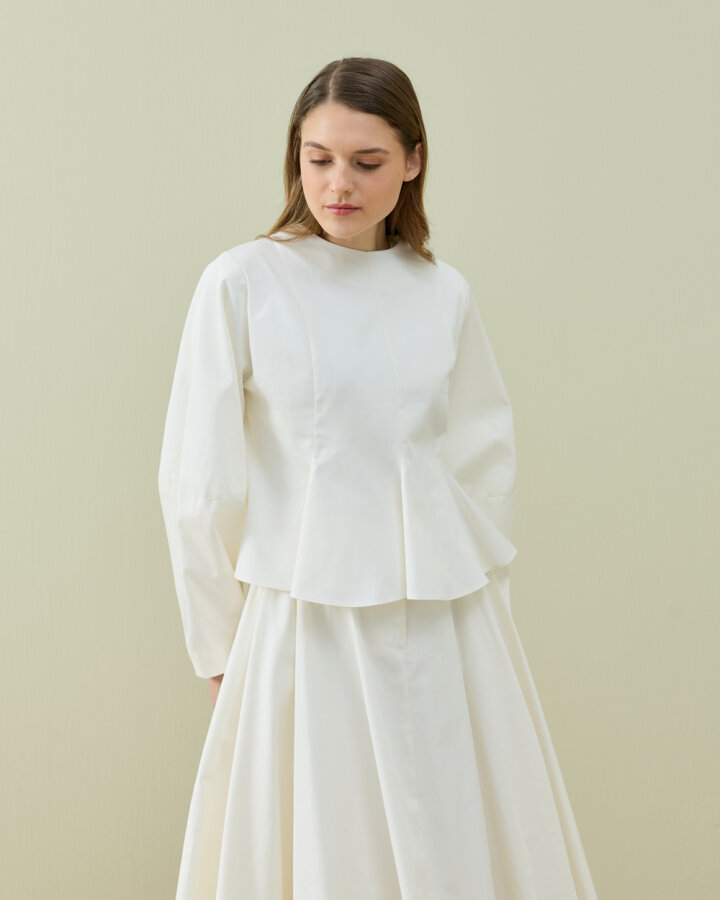 Paper Gabardin Kuplu Volanlı Peplum Kısa Bluz Ekru - Aybikestil
