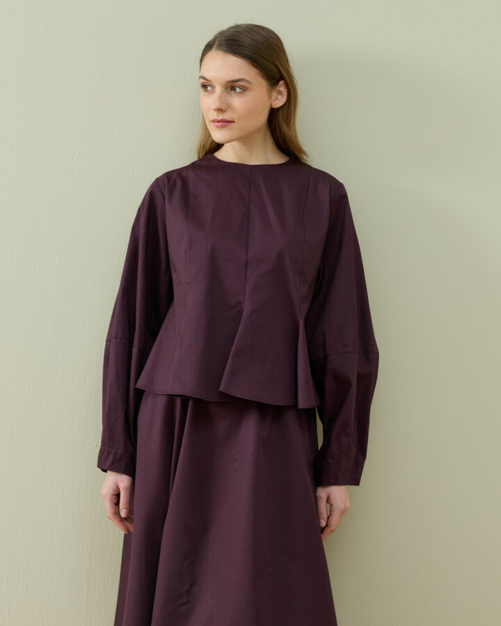 Paper Gabardin Kuplu Volanlı Peplum Kısa Bluz Mürdüm