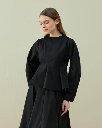 Paper Gabardin Kuplu Volanlı Peplum Kısa Bluz Siyah 